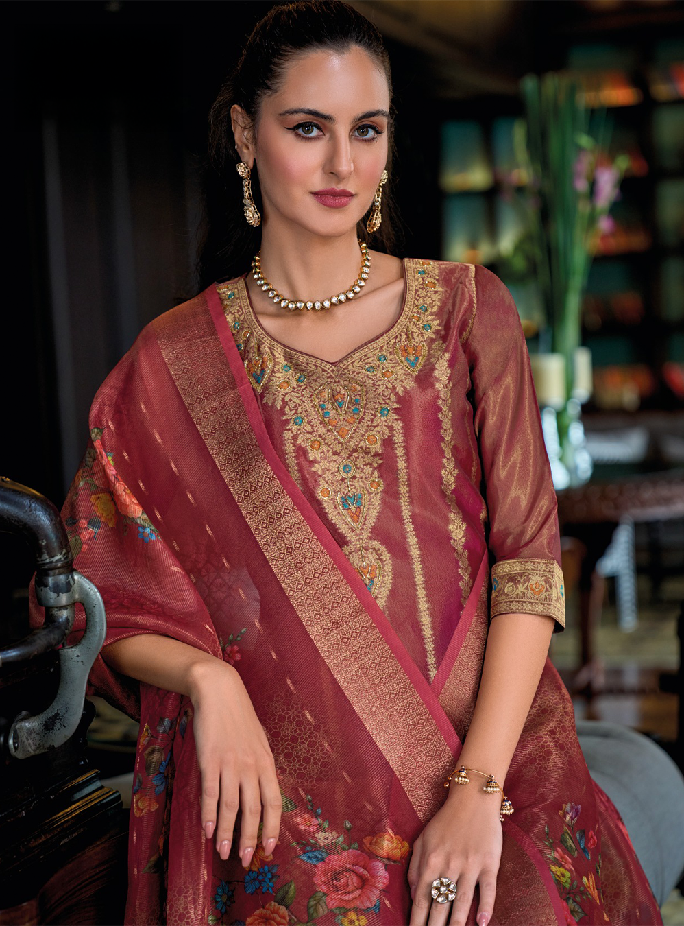 Red Banarasi Kurta with gold embroidery and floral dupatta