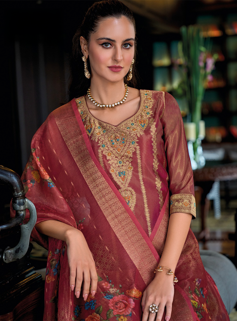 Red Banarasi Kurta with gold embroidery and floral dupatta