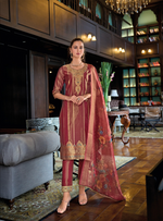 Load image into Gallery viewer, Red Banarasi Kurta with gold embroidery and floral dupatta
