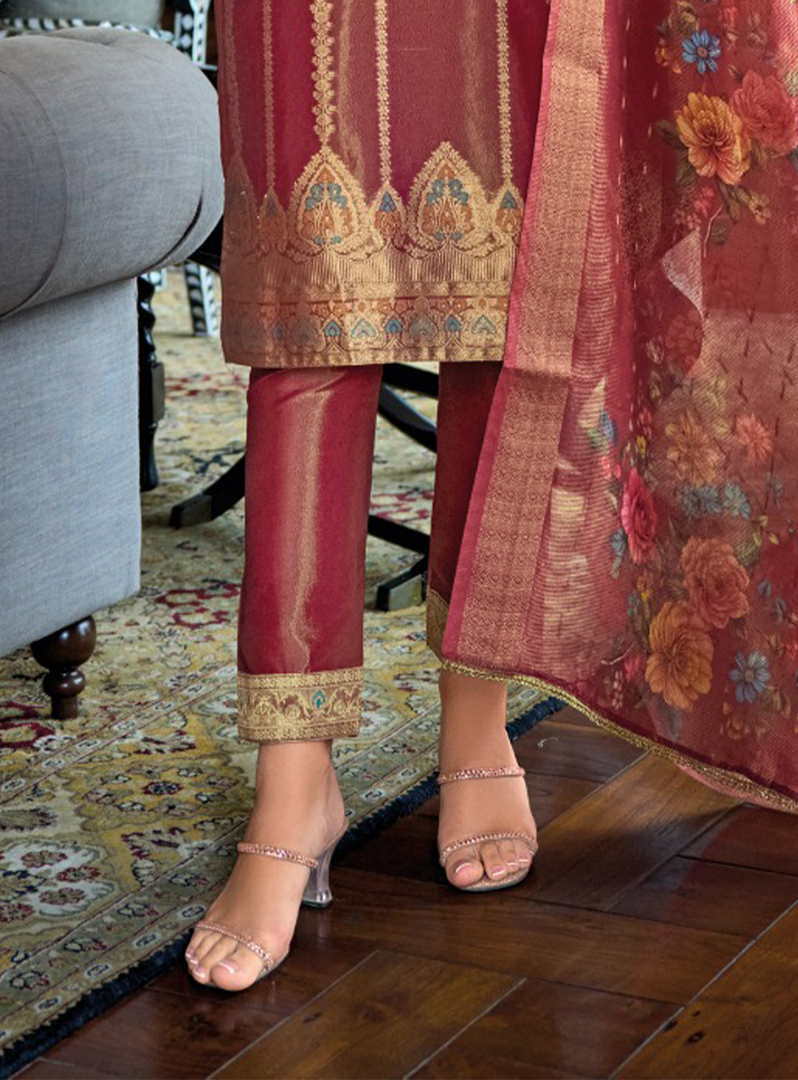 Red Banarasi Kurta with gold embroidery and floral dupatta