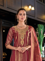 Load image into Gallery viewer, Red Banarasi Kurta with gold embroidery and floral dupatta
