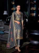 Load image into Gallery viewer, Charcoal Grey Banarasi Kurta with intricate gold motifs and printed dupatta
