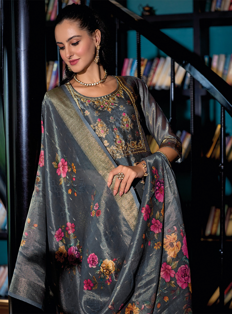 Charcoal Grey Banarasi Kurta with intricate gold motifs and printed dupatta