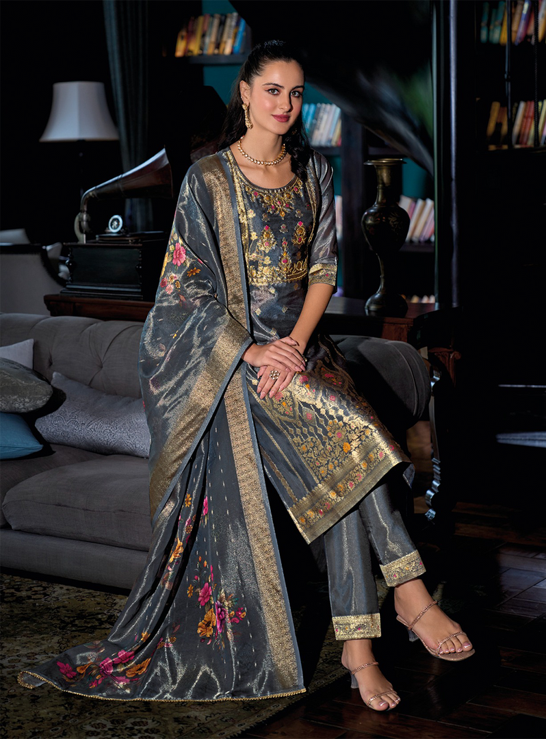 Charcoal Grey Banarasi Kurta with intricate gold motifs and printed dupatta