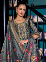 Load image into Gallery viewer, Charcoal Grey Banarasi Kurta with intricate gold motifs and printed dupatta
