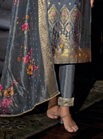 Load image into Gallery viewer, Charcoal Grey Banarasi Kurta with intricate gold motifs and printed dupatta
