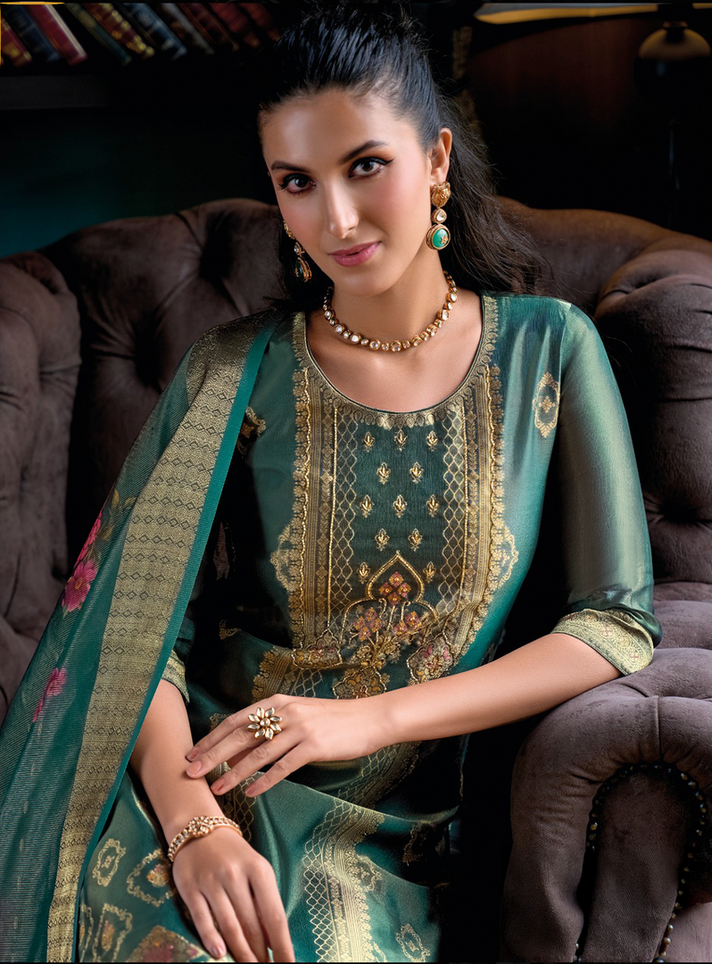 Emerald Green Banarasi Kurta with golden embroidery and floral dupatta