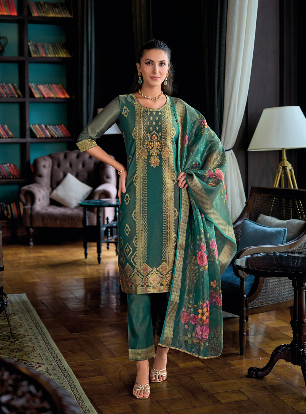 Emerald Green Banarasi Kurta with golden embroidery and floral dupatta