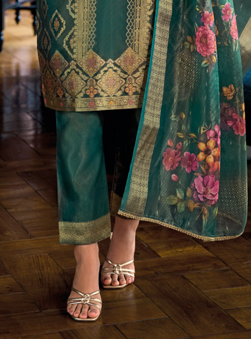 Emerald Green Banarasi Kurta with golden embroidery and floral dupatta