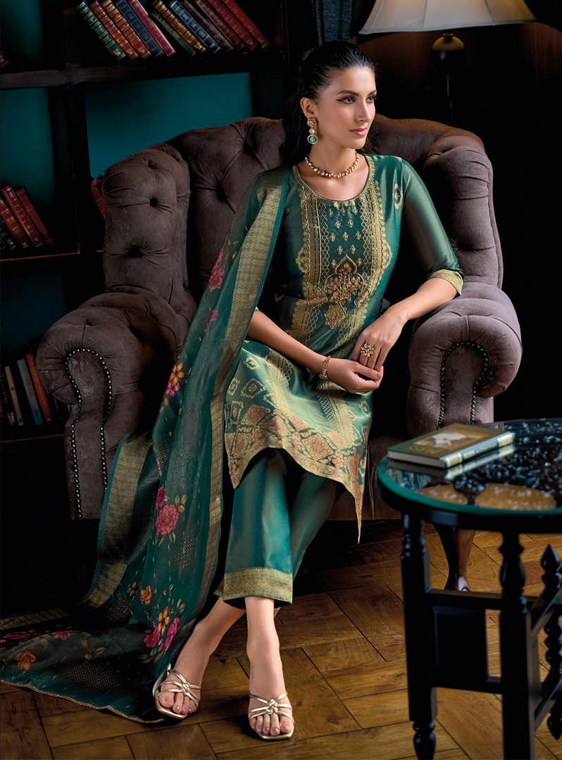 Emerald Green Banarasi Kurta with golden embroidery and floral dupatta