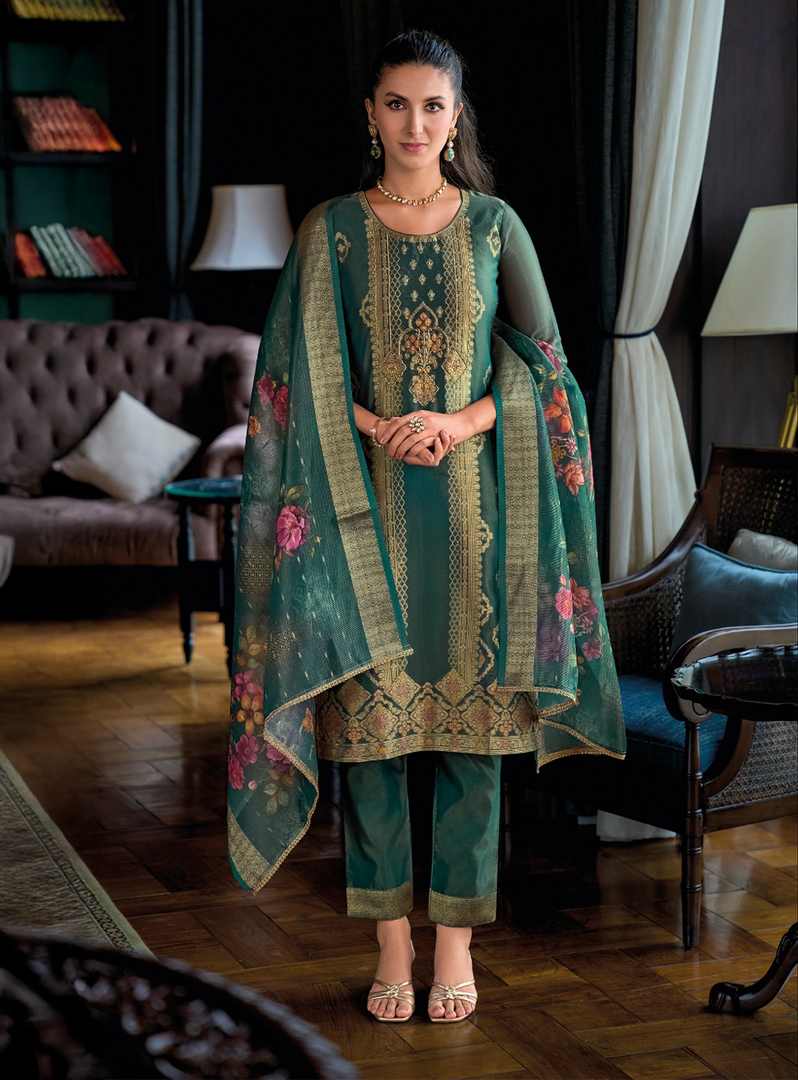 Emerald Green Banarasi Kurta with golden embroidery and floral dupatta