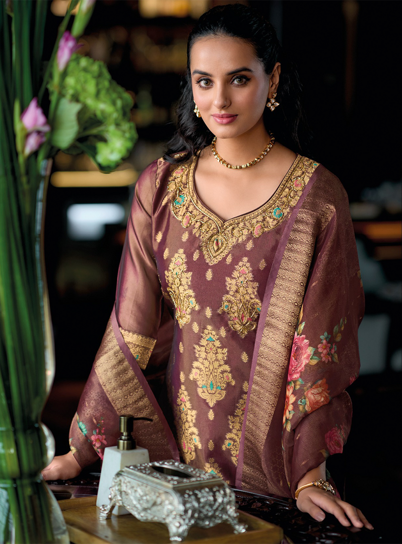 Rich Chocolate Brown Banarasi Kurta with golden motifs and floral dupatta