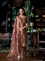 Load image into Gallery viewer, Rich Chocolate Brown Banarasi Kurta with golden motifs and floral dupatta
