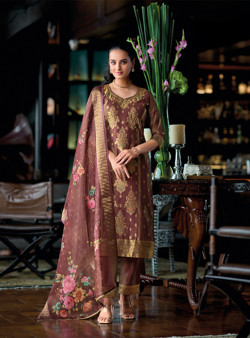 Rich Chocolate Brown Banarasi Kurta with golden motifs and floral dupatta