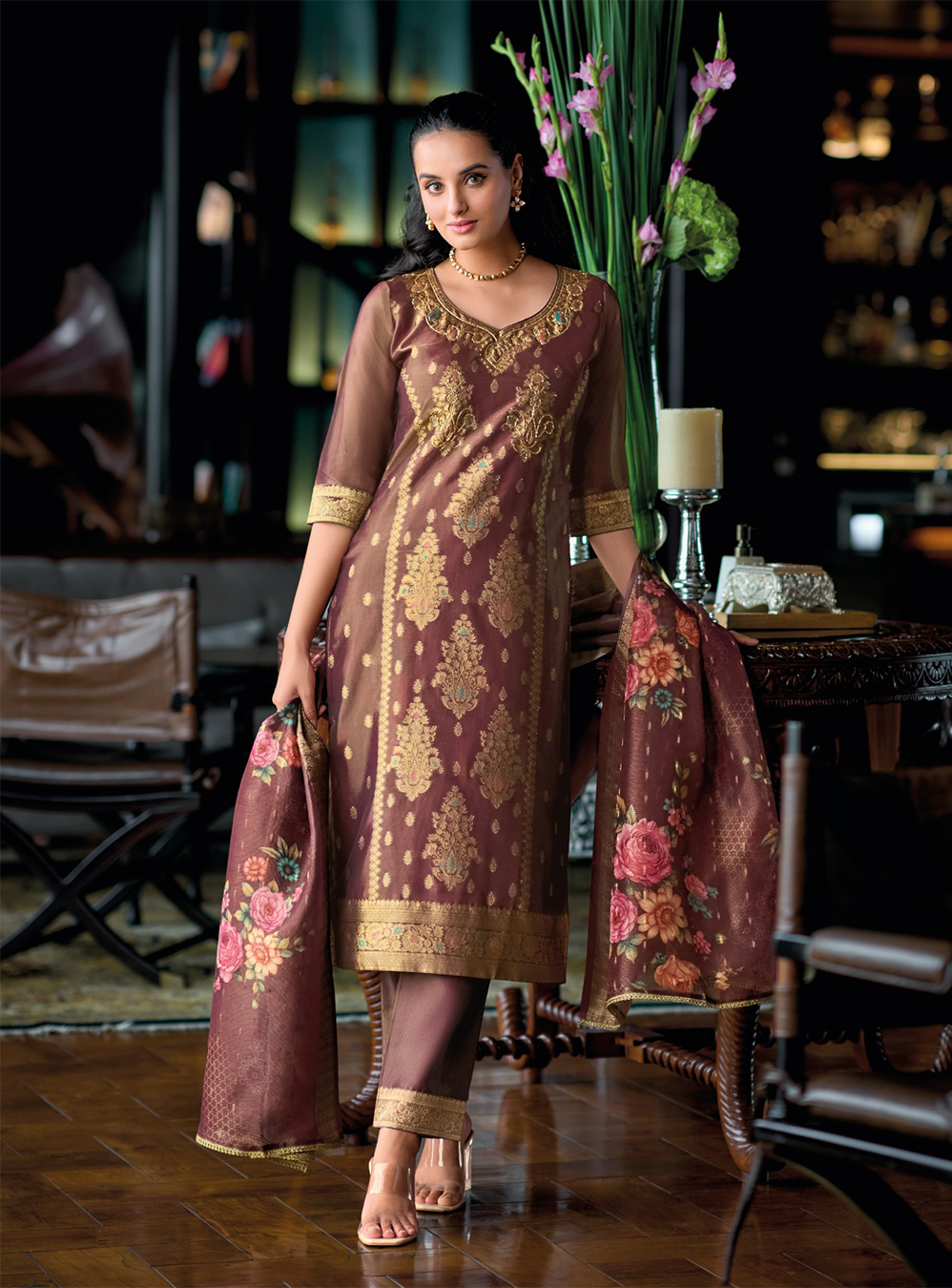 Rich Chocolate Brown Banarasi Kurta with golden motifs and floral dupatta
