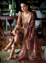 Load image into Gallery viewer, Rich Chocolate Brown Banarasi Kurta with golden motifs and floral dupatta
