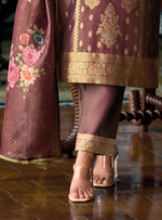 Load image into Gallery viewer, Rich Chocolate Brown Banarasi Kurta with golden motifs and floral dupatta
