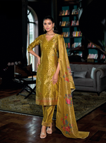 Load image into Gallery viewer, Mustard Yellow Banarasi Kurta with elegant gold patterns and floral dupatta
