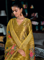 Load image into Gallery viewer, Mustard Yellow Banarasi Kurta with elegant gold patterns and floral dupatta
