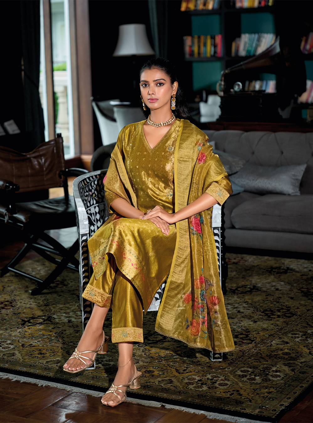 Mustard Yellow Banarasi Kurta with elegant gold patterns and floral dupatta