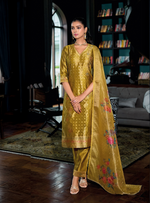 Load image into Gallery viewer, Mustard Yellow Banarasi Kurta with elegant gold patterns and floral dupatta
