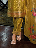 Load image into Gallery viewer, Mustard Yellow Banarasi Kurta with elegant gold patterns and floral dupatta
