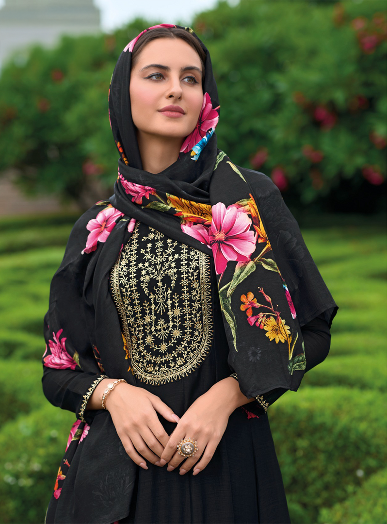 Black Anarkali Style Dress with Jari & Sequence Work with Trousers & With Dupatta