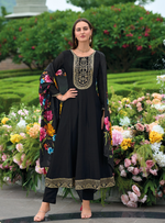 Load image into Gallery viewer, Black Anarkali Style Dress with Jari &amp; Sequence Work with Trousers &amp; With Dupatta
