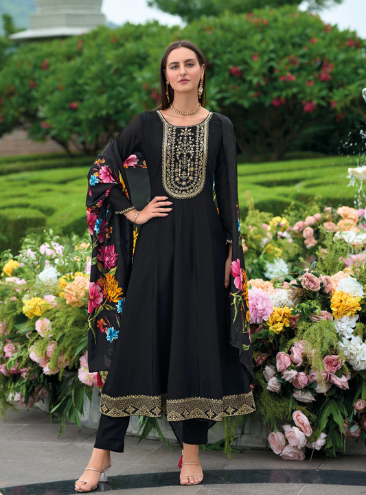 Black Anarkali Style Dress with Jari & Sequence Work with Trousers & With Dupatta