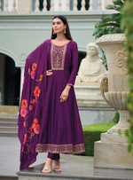 Load image into Gallery viewer, Purple Anarkali Style Dress with Jari &amp; Sequence Work with Trousers &amp; Dupatta
