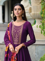 Load image into Gallery viewer, Purple Anarkali Style Dress with Jari &amp; Sequence Work with Trousers &amp; Dupatta
