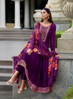 Load image into Gallery viewer, Purple Anarkali Style Dress with Jari &amp; Sequence Work with Trousers &amp; Dupatta
