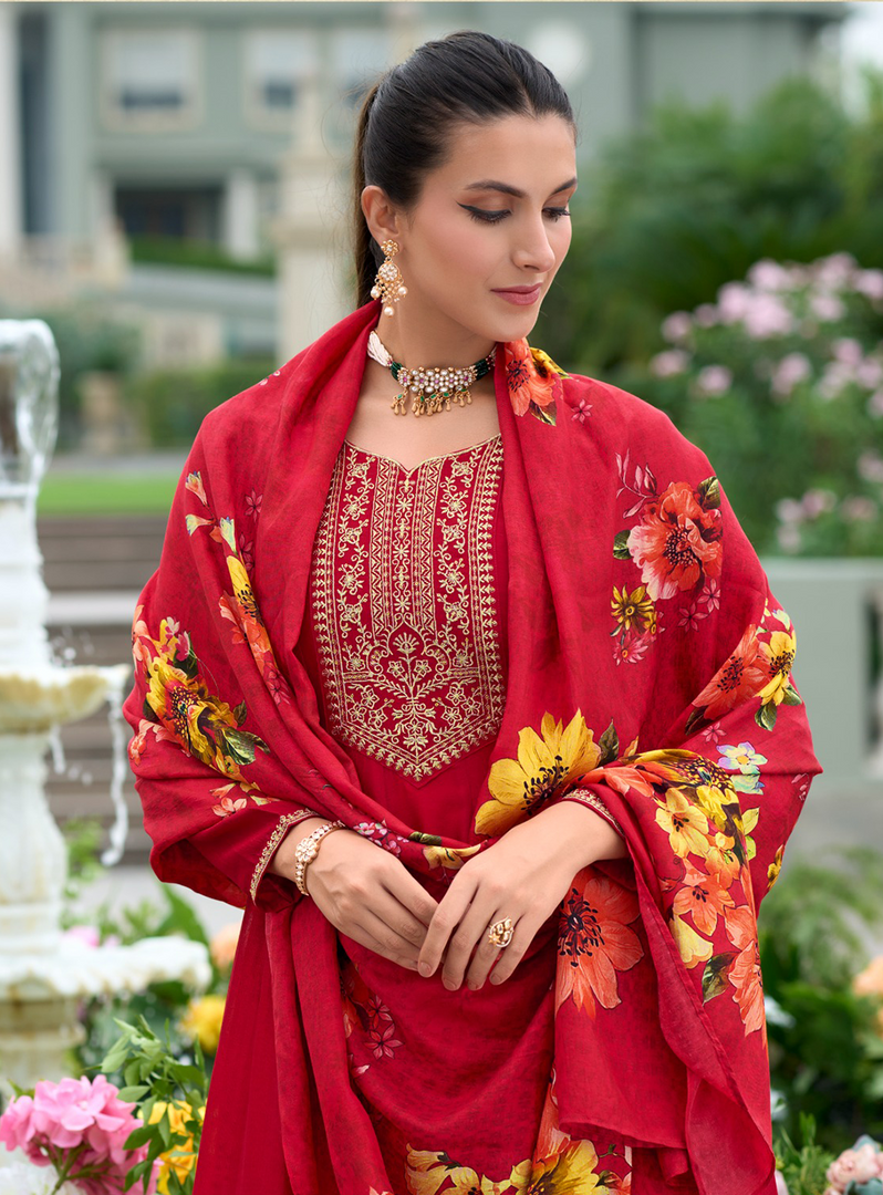 Red Anarkali Style Dress with Jari & Sequence Work with Trousers & With Dupatta