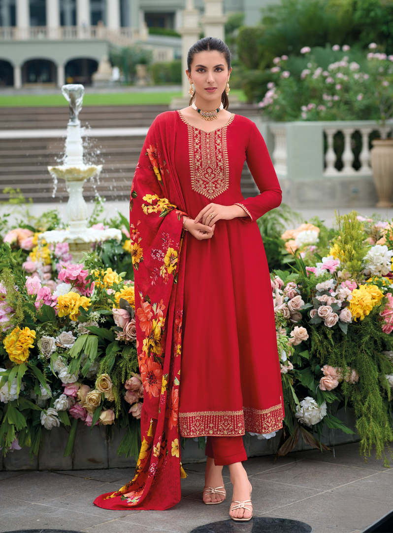 Red Anarkali Style Dress with Jari & Sequence Work with Trousers & With Dupatta