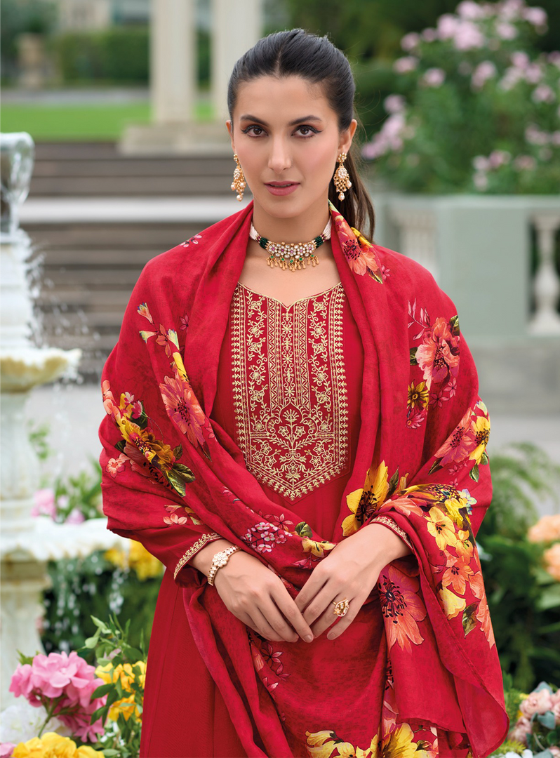 Red Anarkali Style Dress with Jari & Sequence Work with Trousers & With Dupatta