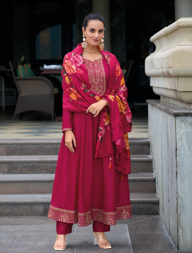 Pink Anarkali Style Dress with Jari & Sequence Work with Trousers & With Dupatta