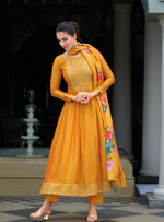 Load image into Gallery viewer, Yellow Anarkali Style Dress with Jari &amp; Sequence Work with Trousers &amp; With Dupatta
