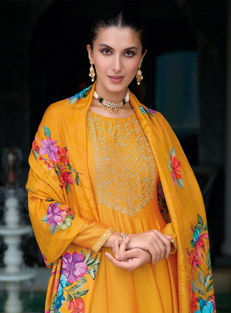 Yellow Anarkali Style Dress with Jari & Sequence Work with Trousers & With Dupatta