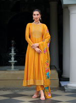 Load image into Gallery viewer, Yellow Anarkali Style Dress with Jari &amp; Sequence Work with Trousers &amp; With Dupatta
