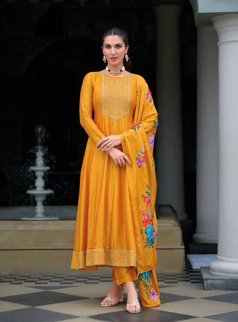 Yellow Anarkali Style Dress with Jari & Sequence Work with Trousers & With Dupatta