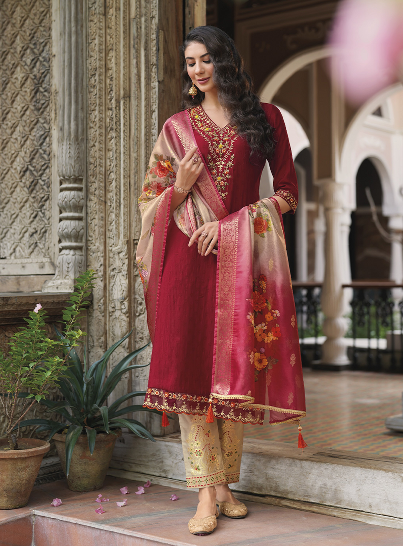 Maroon Viscose Kurtis with Jacquard Digital Dupatta.