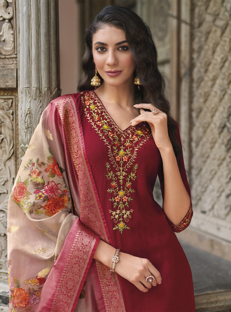 Maroon Viscose Kurtis with Jacquard Digital Dupatta.