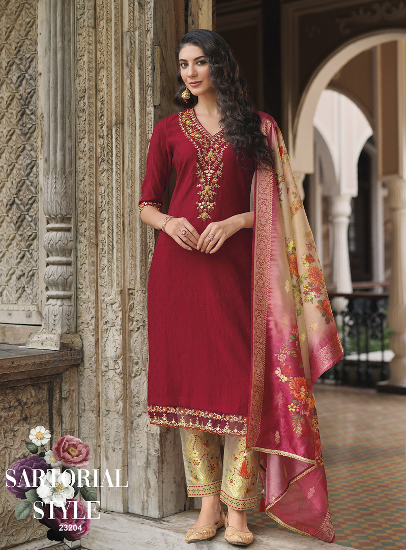 Maroon Viscose Kurtis with Jacquard Digital Dupatta.