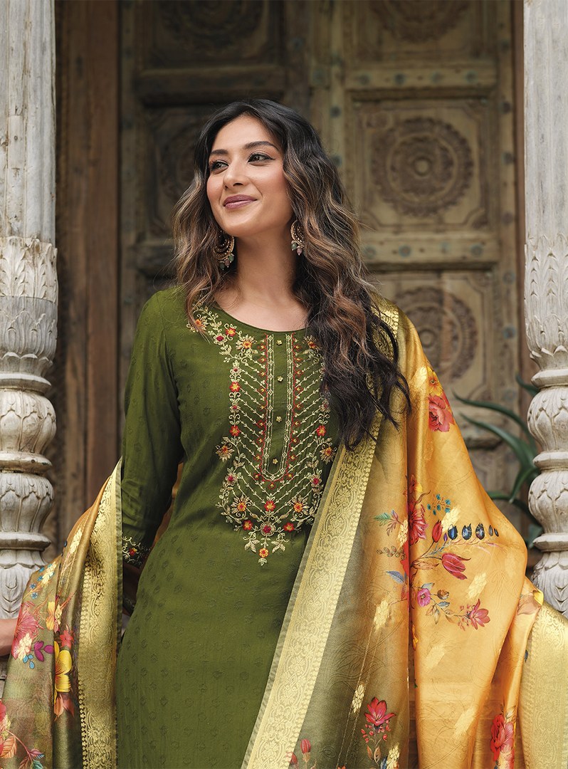 Olive Green Viscose Kurtis with Jacquard Digital Dupatta.