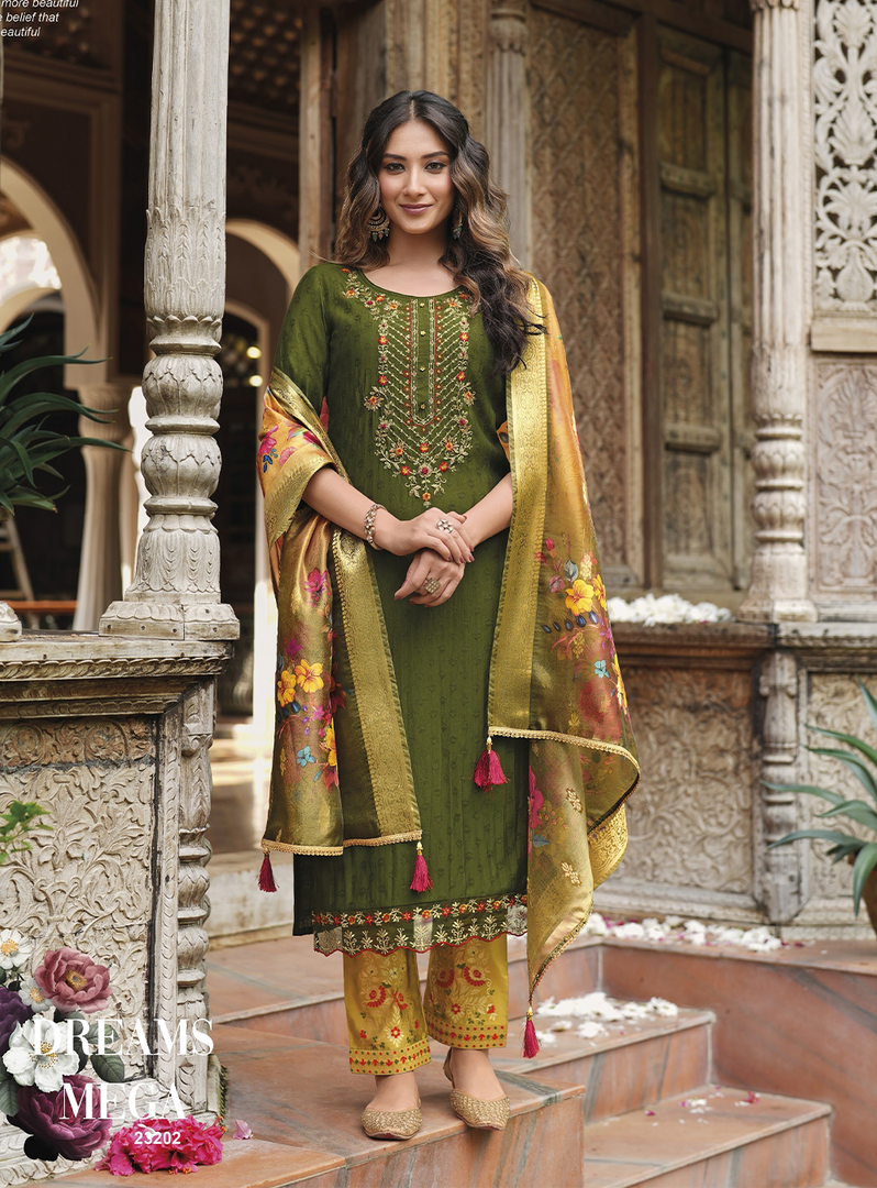 Olive Green Viscose Kurtis with Jacquard Digital Dupatta.