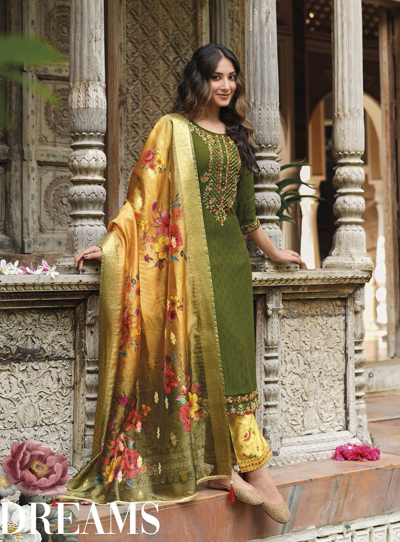 Olive Green Viscose Kurtis with Jacquard Digital Dupatta.