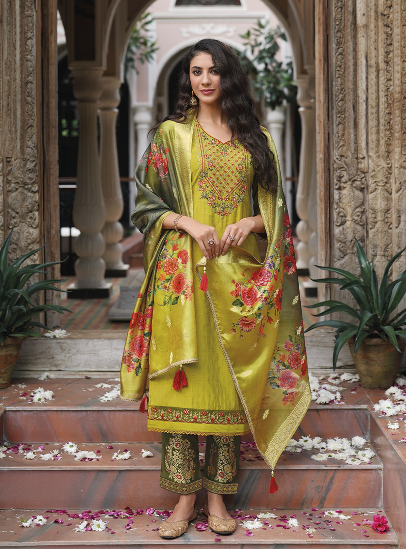 Mustard Yellow Viscose Kurtis with Jacquard Digital Dupatta.