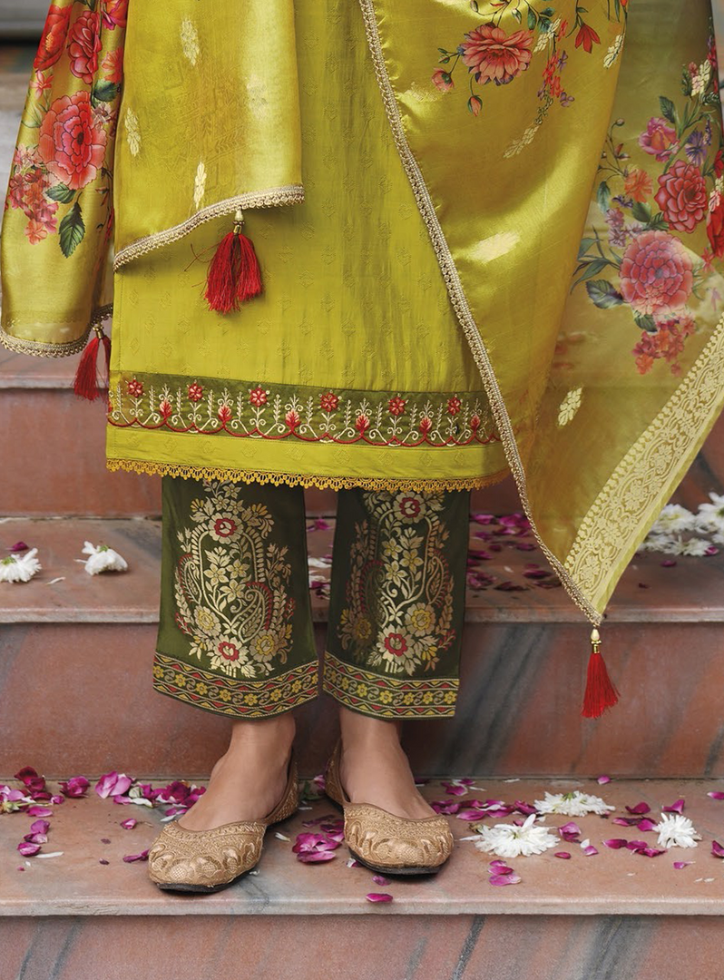 Mustard Yellow Viscose Kurtis with Jacquard Digital Dupatta.