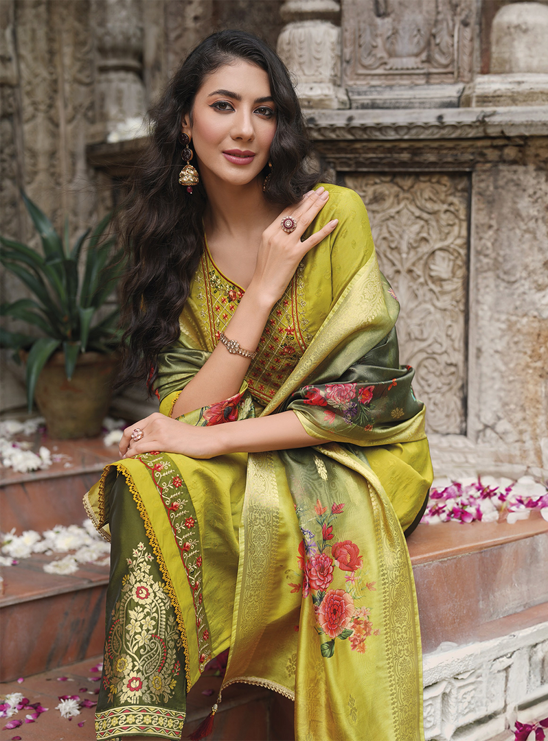 Mustard Yellow Viscose Kurtis with Jacquard Digital Dupatta.