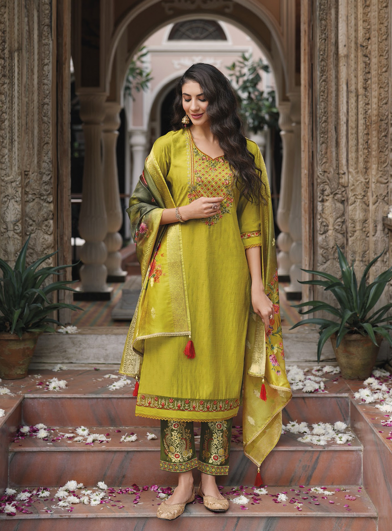 Mustard Yellow Viscose Kurtis with Jacquard Digital Dupatta.